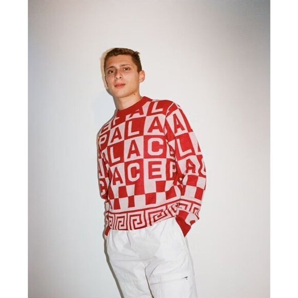PALACE SKATEBOARDS Check-It Knit Red Logo Check Wool Crew Neck Sweater, Size L - Picture 1 of 16